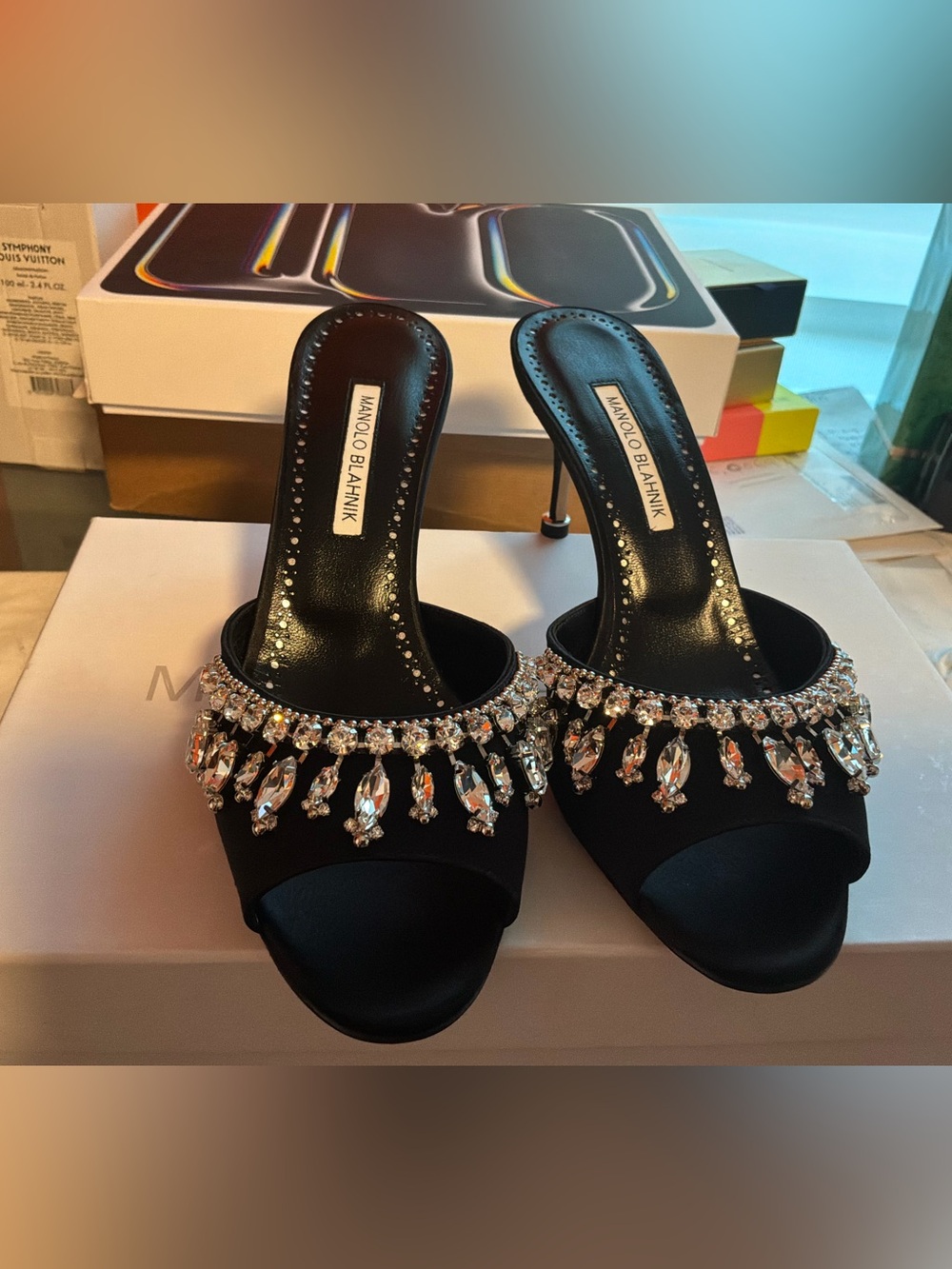 Manolo Blahnik Black Satin Crystal-Trim Slide Heels